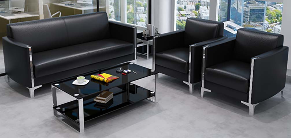 3-Piece Black Faux Leather Office Reception Seating Set with Matching Glass Coffee Table