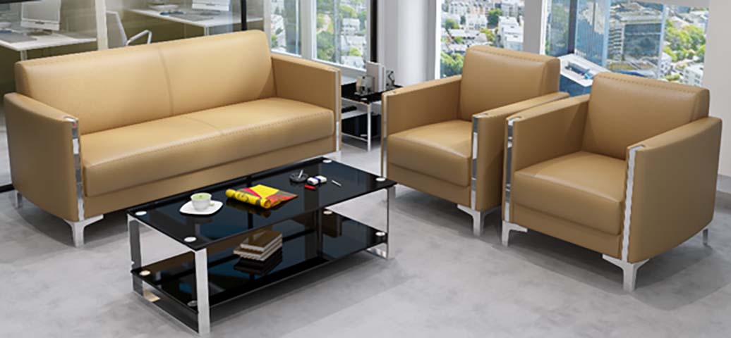 Tan Faux Leather Office Reception Lounge Set with Glass Coffee Table