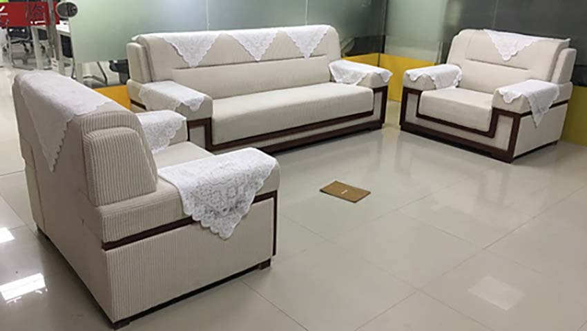 1+1+3-Seat Beige Corduroy Office Reception Sofa Set with Dark Wood Trim