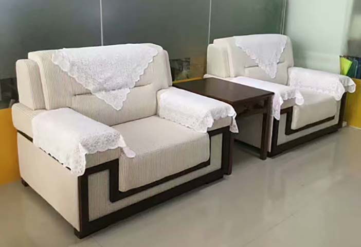 Set of 2 Fabric Upholstered Single Reception Armchairs with Side Table, White Doily Covers Included