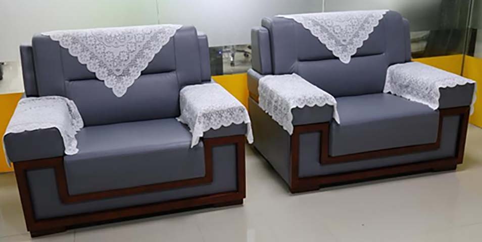 Two-Piece Dark Grey Faux Leather Office Reception Sofa Set with Dark Wood Trim, Removable Lace Headrest and Armrest Covers