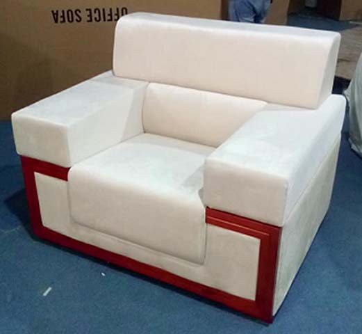 White Upholstered Single Seat Office Sofa Chair with Red Wood Accent Frame