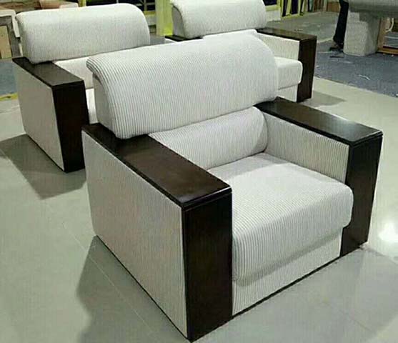 Block-Frame Single Seater Fabric Armchair With Dark Wood Arm Caps