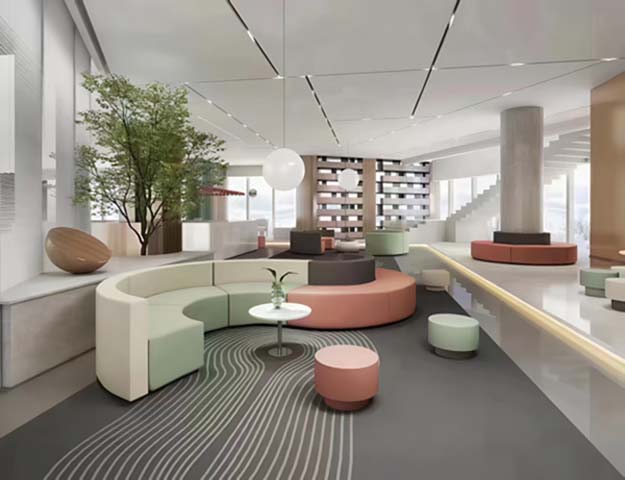 Modular Curved Multi-Color Lobby Lounge Seating Set with Matching Ottomans and Side Table