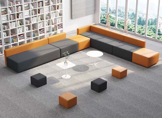 L-Shaped Modular Office Lounge Sofa Set with Accent Ottomans