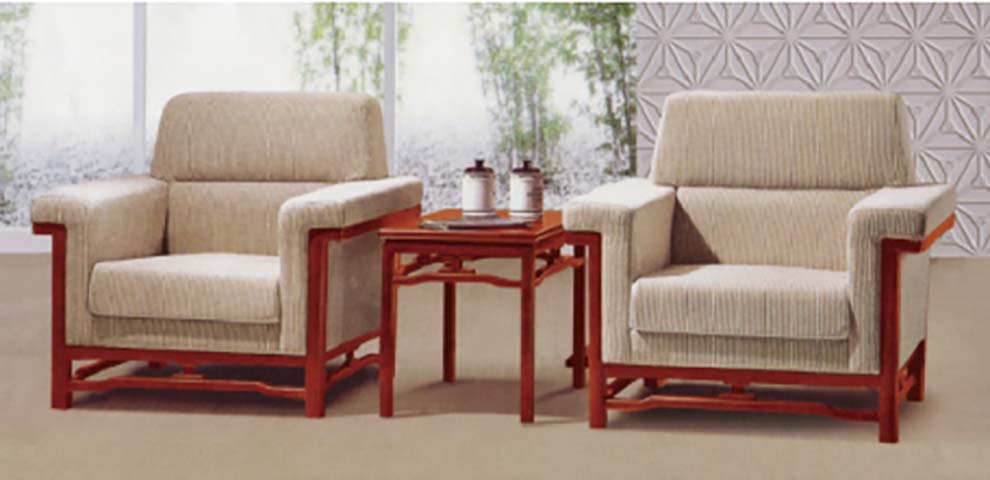 Chinese Style Solid Wood Frame Fabric Upholstered Reception Lounge Seating Set with Side Table