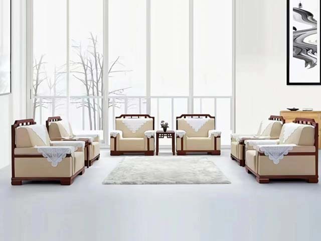 8-Piece New Chinese Style Solid Wood Frame Upholstered Reception Sofa Set with Side Tables