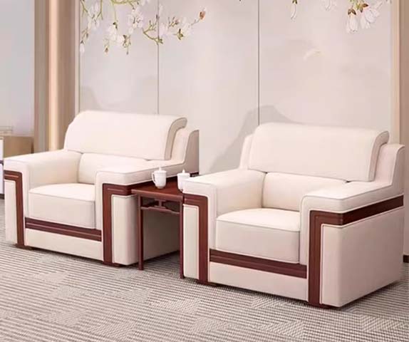 New Chinese Style Cream Upholstered Reception Single Sofa with Walnut Solid Wood Trim