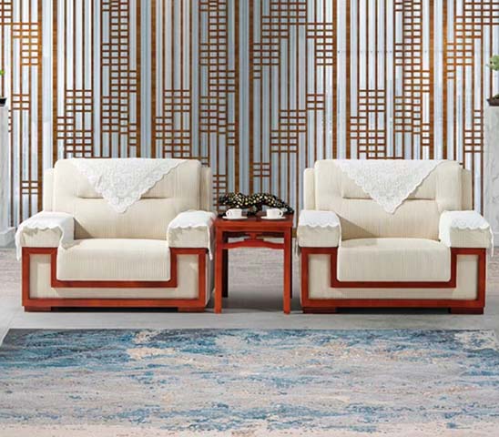 Chinese Style Solid Wood Frame Upholstered Single Seater Sofa, Set of 2 with Matching Side Table