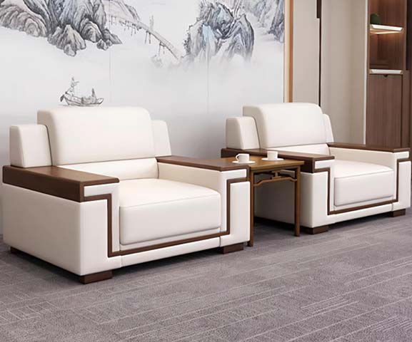 New Chinese Style White Leather Upholstered Reception Armchair with Solid Wood Trim