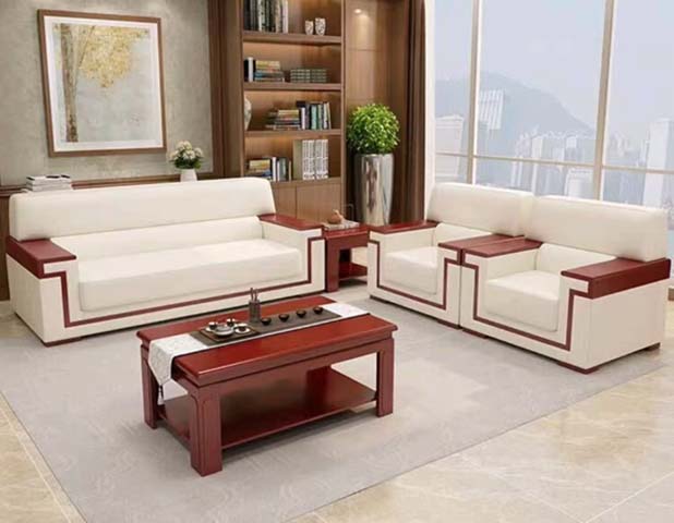 White Upholstered Red Wood Frame Office Reception Sofa Set with Coffee Table