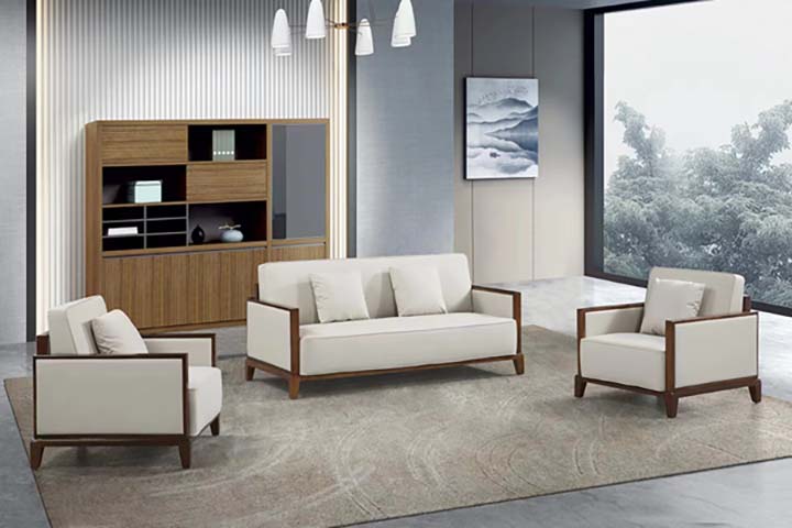 1+1+3 Seater Walnut-Framed Beige Fabric Office Reception Sofa Set