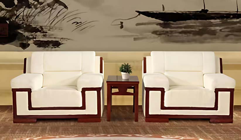 Set of 2 Chinese Style Cream White Upholstered Single Reception Sofas with Dark Wood Frame Accents