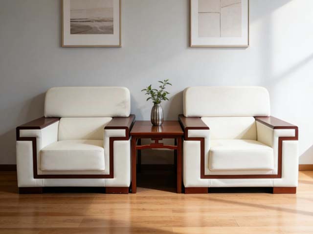 1+1 Formal Reception Seating Set with Matching Side Table, Off-White Upholstery with Walnut-Finish Wood Trim