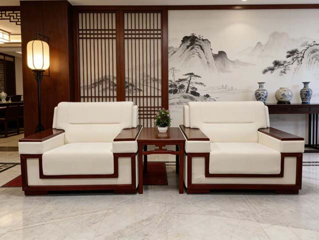 New Chinese Style Solid Wood Framed Leather Single Seat Reception Sofa with Matching Side Table Set