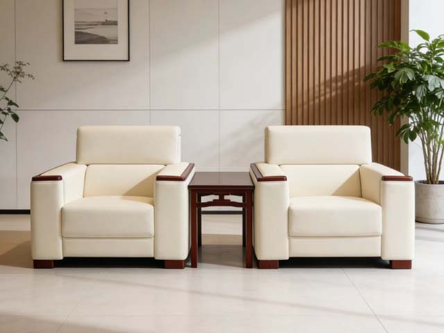 Cream Faux Leather Single-Seat Reception Armchair Set with Mahogany Side Table
