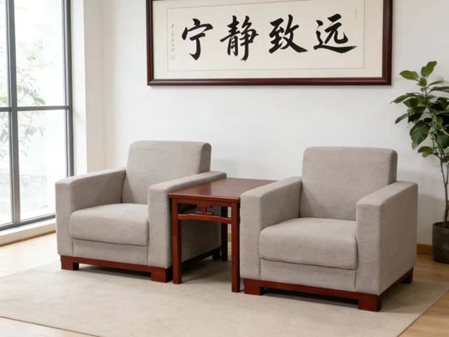 3-Piece Reception Seating Set with 2 Boxy Armchairs and Chinese Style Side Table