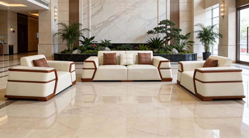 1+2+1 Cream Leather Match Wood Trim Executive Reception Sofa Set