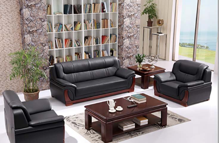 3+1+1 Seater Black Faux Leather Office Reception Sofa Set with Solid Wood Accents