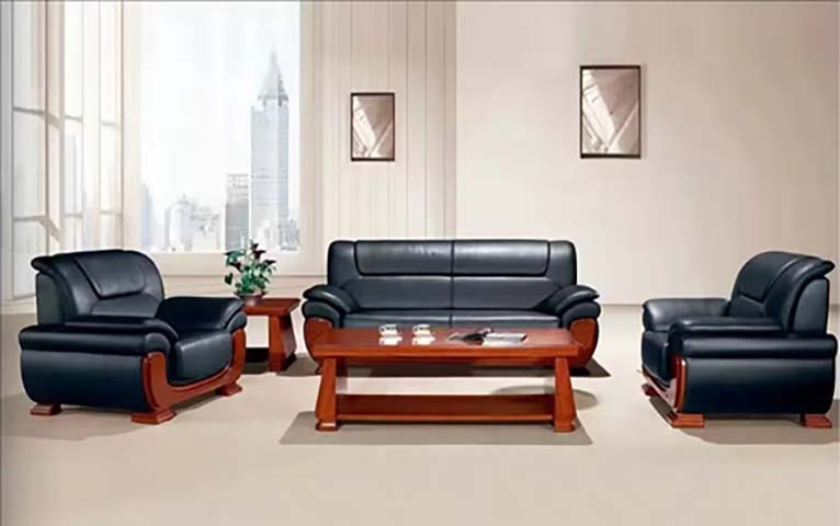 1+1+3 Seat Black Faux Leather Executive Office Sofa Set with Solid Wood Frame and Coffee Table
