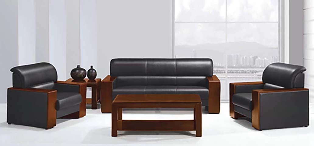 Solid Wood Frame Black Leather Office Reception Sofa Set with Matching Coffee Tables
