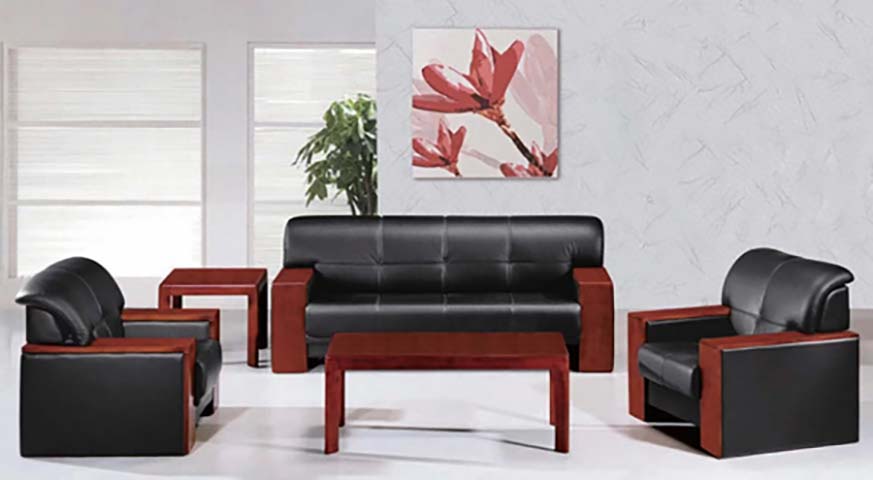 3+1+1 Seater Black Faux Leather Office Reception Sofa Set with Matching Wood Veneer Coffee & Side Tables