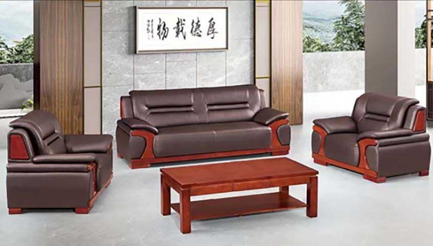 3+1+1 Seater Brown Faux Leather Office Reception Sofa Set with Solid Wood Frame and Matching Coffee Table