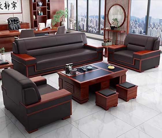 3-Piece Chinese Style Executive Office Leather Sofa Set with Tea Table & Stools
