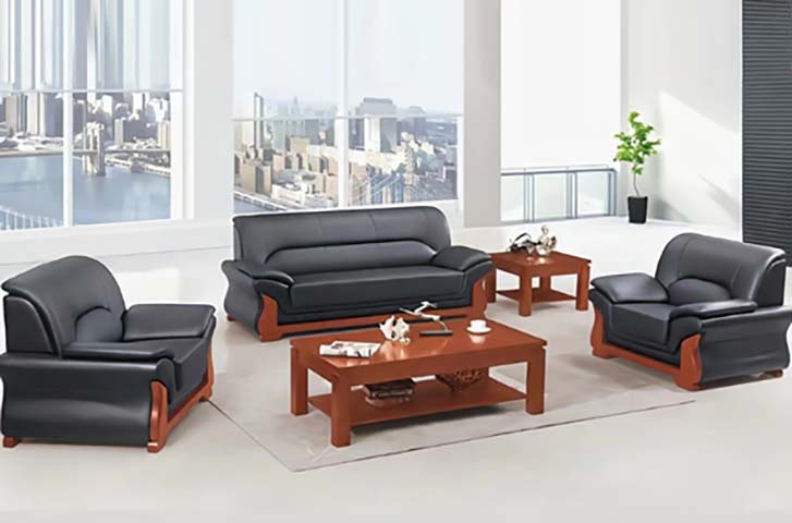 4-Piece Black Faux Leather Executive Office Reception Sofa Set with Solid Wood Frames and Coffee Tables