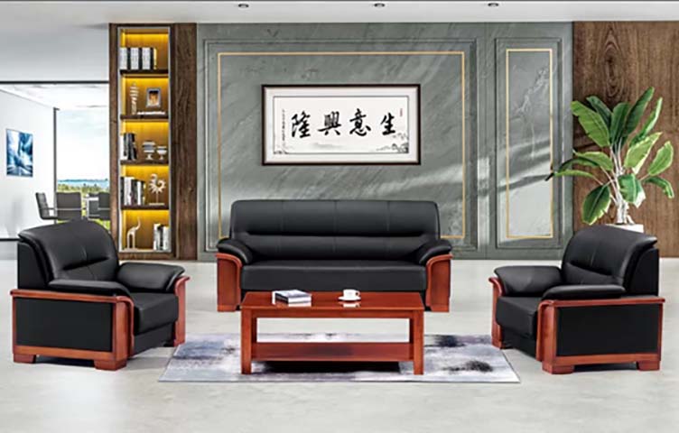 3-Piece Black Faux Leather Executive Office Reception Sofa Set with Wooden Accents and Matching Coffee Table