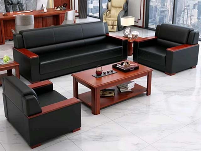 Executive Office Reception Leather Sofa Set with Solid Wood Coffee Table