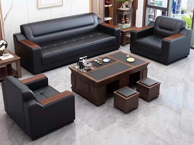 Formal Executive Office Leather Sofa Set with Integrated Tea Table