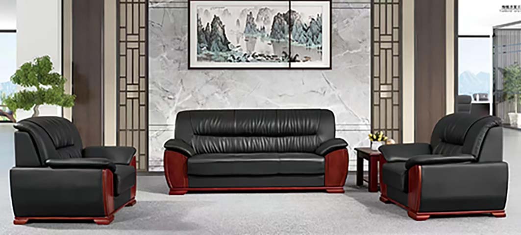 3-Piece Black Leather Executive Office Sofa Set with Solid Wood Trim
