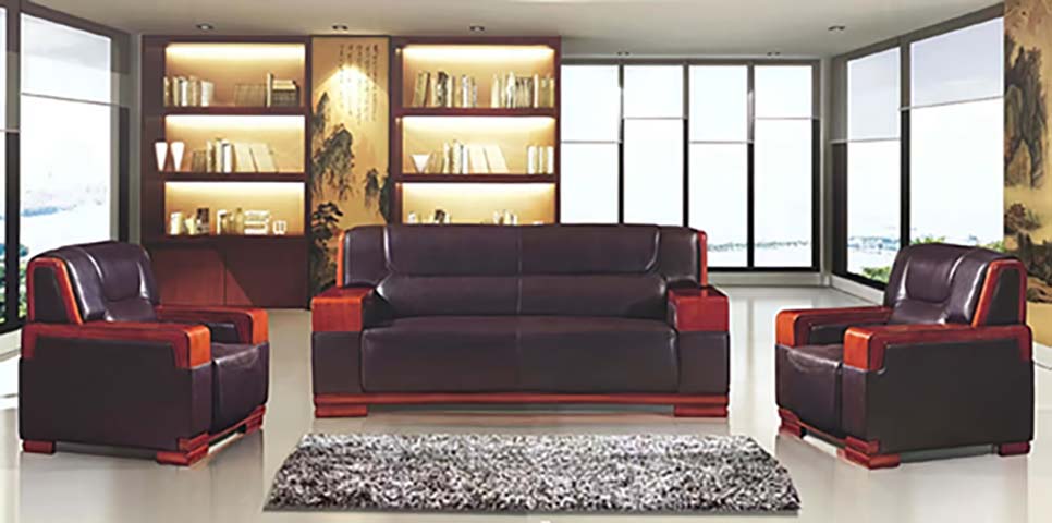 5-Piece Executive Office Reception Seating Set: 3-Seater Sofa + 2 Single Armchairs + Matching Illuminated Display Bookcase, Dark Brown Upholstery with Solid Wood Trim