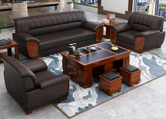 7-Piece Chinese Style Executive Office Reception Sofa Set with Integrated Tea Table