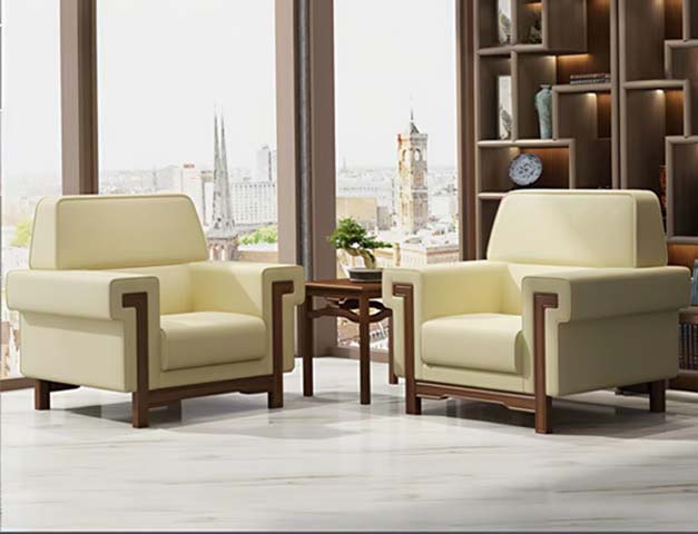Beige Upholstered Single Office Reception Armchair with Walnut-Finish Solid Wood Frame