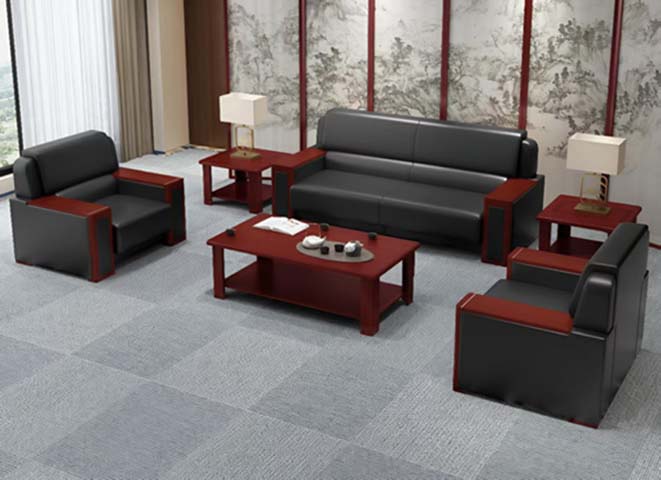 Red Mahogany Framed Black Faux Leather Executive Office Reception Sofa Set with Matching Coffee and Side Tables