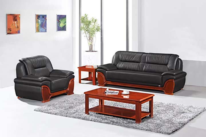 Classic Black Faux Leather Office Reception Sofa Set with Solid Wood Trim, 3+1 Seater