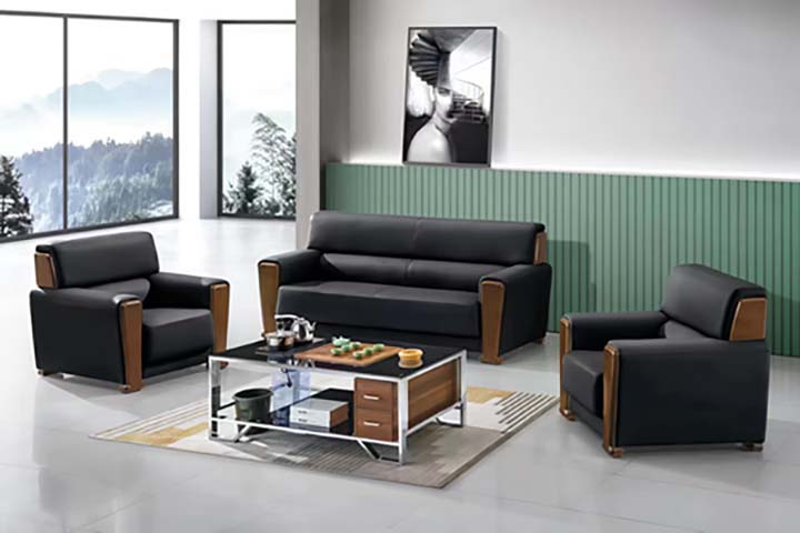 3+1+1 Seater Black Faux Leather Office Reception Sofa Set with Walnut Accent Trim
