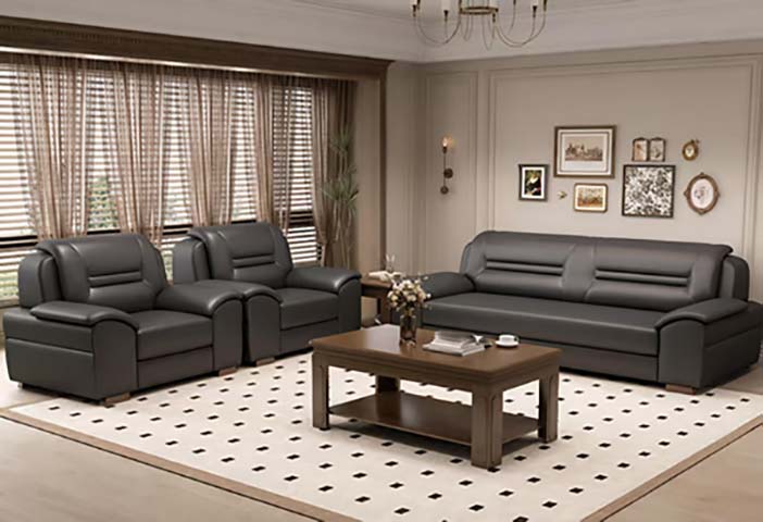 3+1+1 Seater Dark Grey Faux Leather Upholstered Formal Living Room Sofa Set, includes Coffee Table