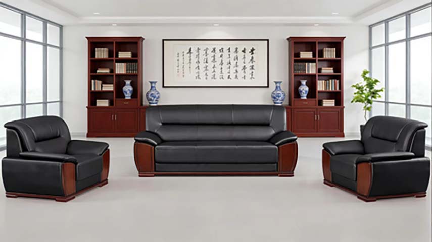 1+1+3-Seat Executive Office Reception Leather Sofa Set with Solid Wood Trim