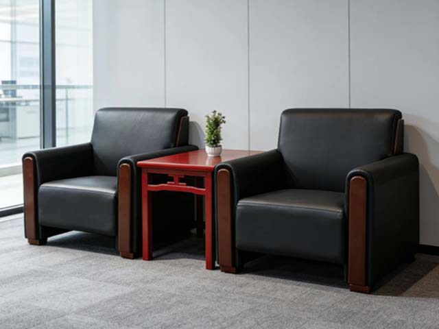 2+1 Solid Wood Trim Faux Leather Office Reception Seating Set with Side Table