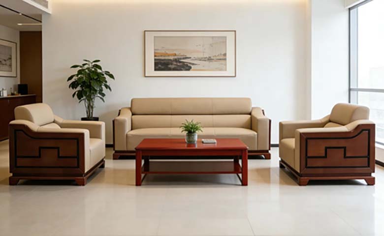 Traditional Chinese-Style Beige Leather & Solid Wood Reception Sofa Set with Coffee Table