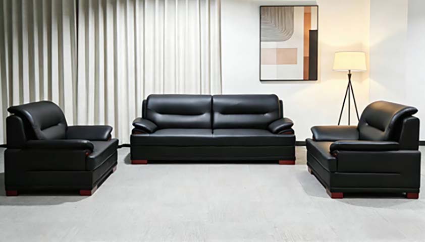 3-Piece Black Faux Leather Office Reception Sofa Set (1 Three-Seater + 2 Single-Seaters)