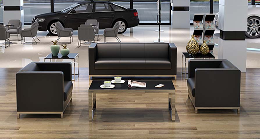 3-Seater Black Faux Leather Office Reception Sofa with Brushed Stainless Steel Base