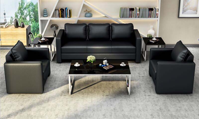 5-Piece Black Faux Leather Office Reception Lounge Set with Coffee Table and Side Tables