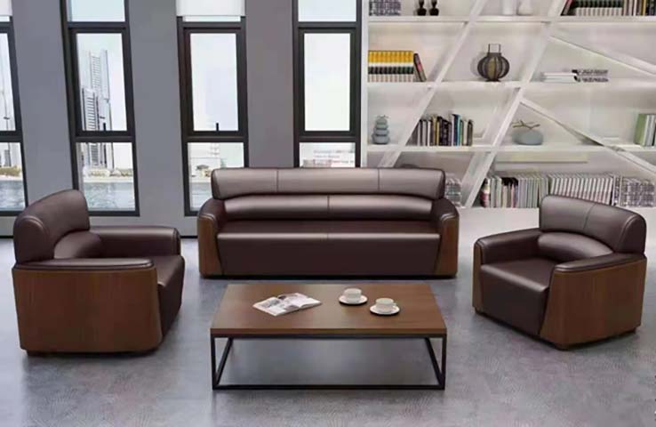 4-Piece Walnut Veneer Brown Faux Leather Office Lounge Set with 3-Seater Sofa, Two Single Armchairs and Metal Frame Coffee Table