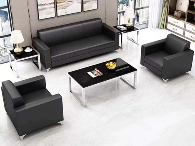 3-Piece Black Faux Leather Office Reception Sofa Set with Glass Coffee Table and Side Tables