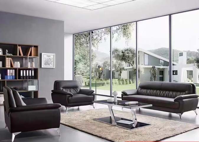 Black Leather Office Lounge Seating Set (1+1+3 Seats) with Glass Coffee Table and Open Bookshelf