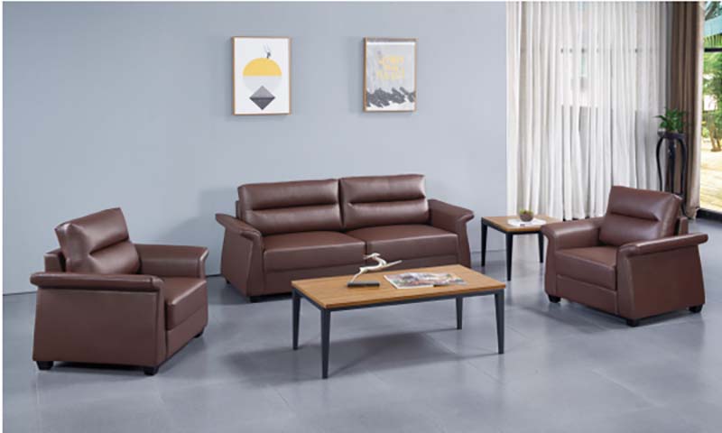 Brown Faux Leather Office Reception Sofa Set (1+1+3 Seater) with Matching Coffee & Side Tables
